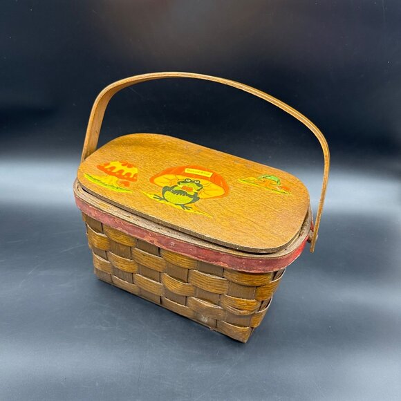 Vintage Basket Purse Frog Mushroom 1970s Decoupage Handbag Kitschy Top Handle - Picture 1 of 16